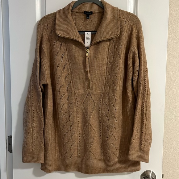 NWT Talbots Cable Knit Zip Collar Sweater - Size Medium - Camel Heather Color - Picture 3 of 8